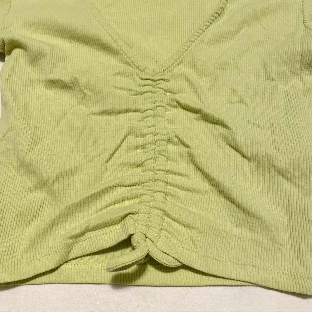 Zara Drawstring Scrunched V-Neck Cropped Ribbed T-Shirt Small - Picture 2 of 16